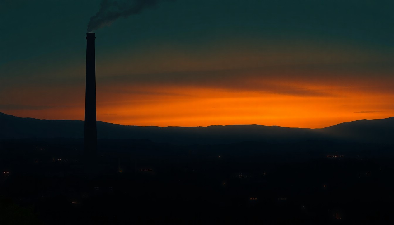 A moody, atmospheric painting of a solitary power plant smokestack rising above a cityscape, with warm light and deep shadows creating a pensive, nostalgic mood.