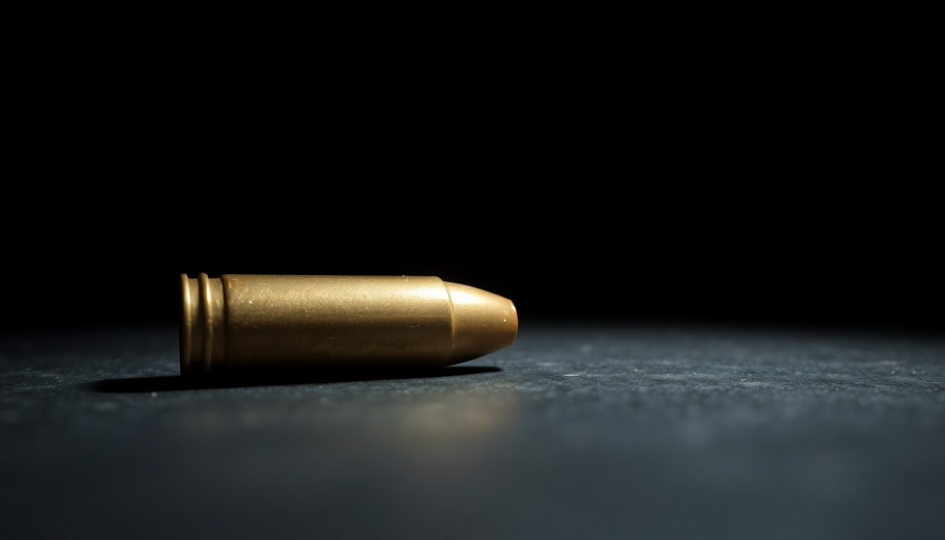 An extreme close-up photograph of a single spent shell casing on a dark surface, lit by a harsh, direct camera flash, creating a stark, gritty, investigative aesthetic.
