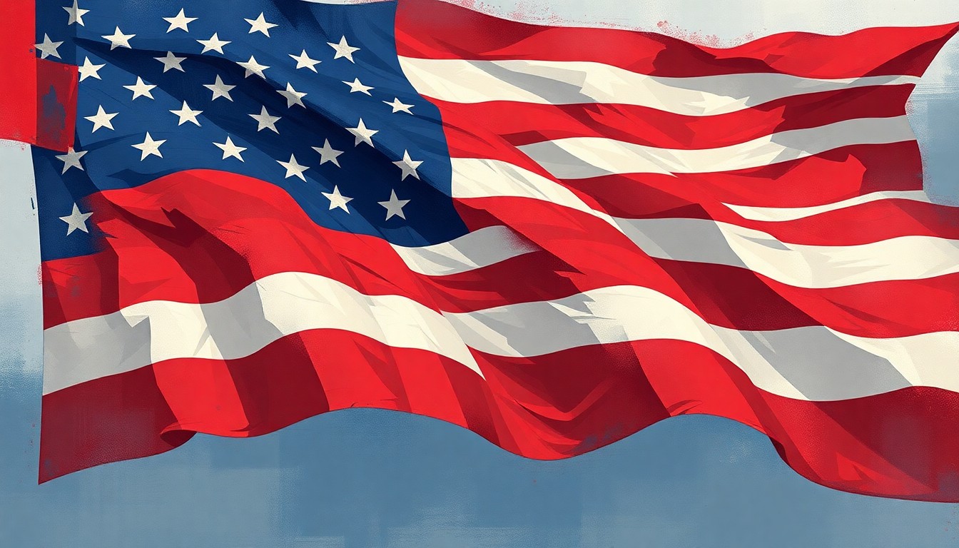 A dynamic, fragmented painting of an American flag in shades of red, white, and blue, conveying the political tension surrounding Trump's rally in Arizona.