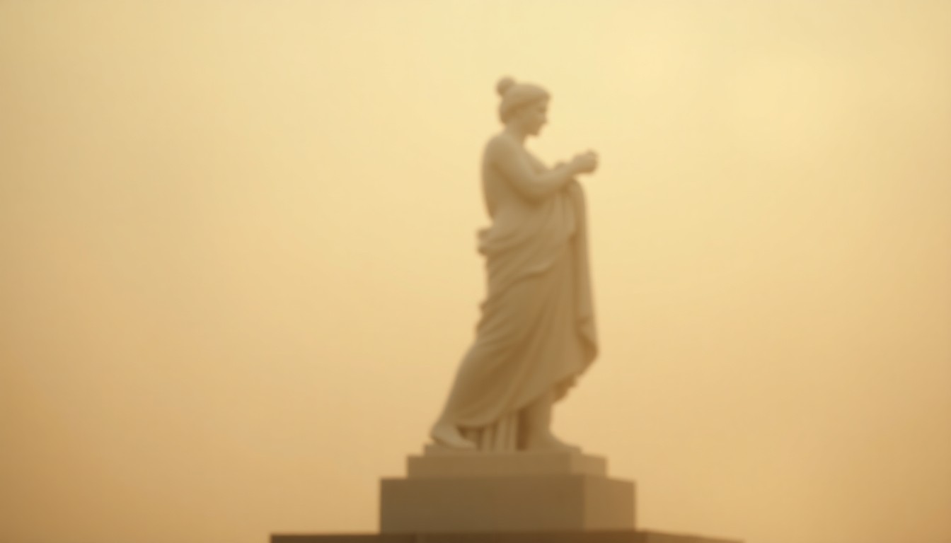 An abstract, impressionistic photograph showing the blurred outline of an ancient marble sculpture, with soft, warm colors and a hazy, dreamlike quality that evokes a sense of history and cultural significance.