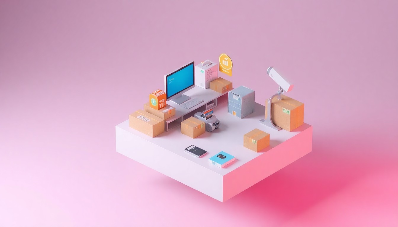 A stylized, isometric 3D illustration depicting a miniature shipping desk with various supplies like boxes, labels, and a scale, all rendered in a clean, modern digital style with bold colors and soft lighting to represent Rollo's shipping platform and rewards program.