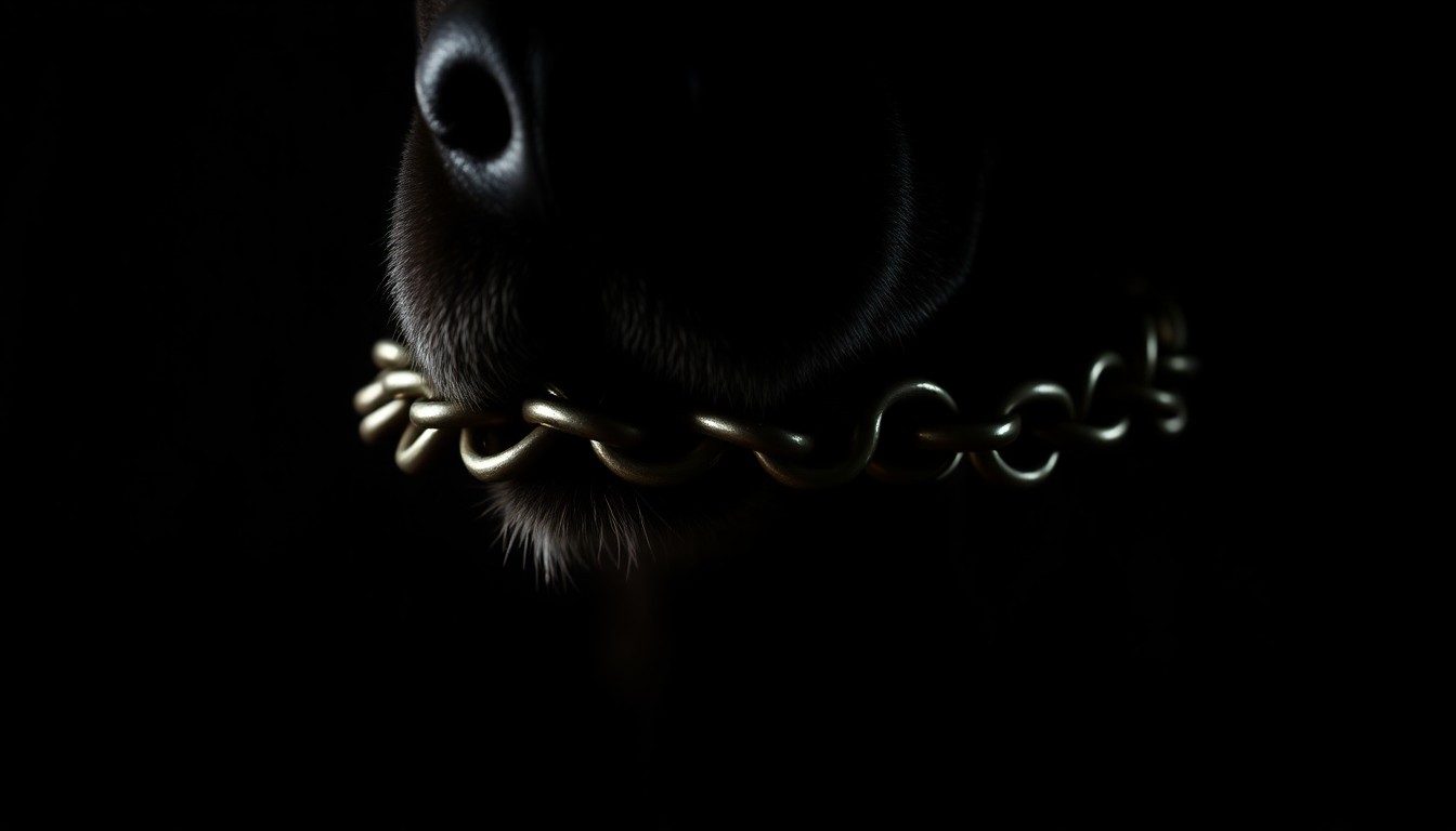 An extreme close-up of a heavy dog collar and chain, starkly lit against a dark background, conceptually illustrating the cruelty of the dogfighting industry.