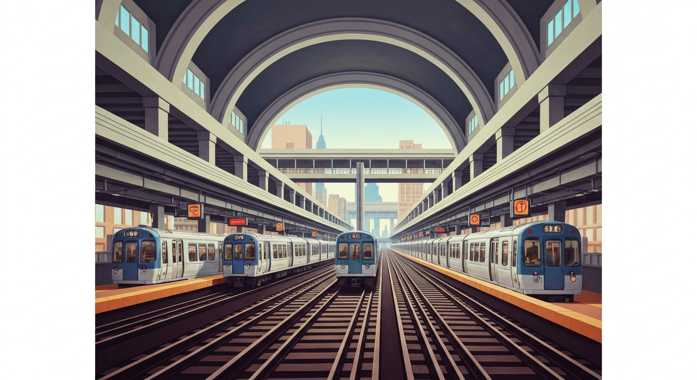A highly stylized, geometric illustration depicting the grand scale and transportation infrastructure of the San Francisco Bay Area, with sweeping airbrushed gradients and towering forced perspectives of BART trains and stations, conveying the impact of the system's equipment problems on the region's commuters.