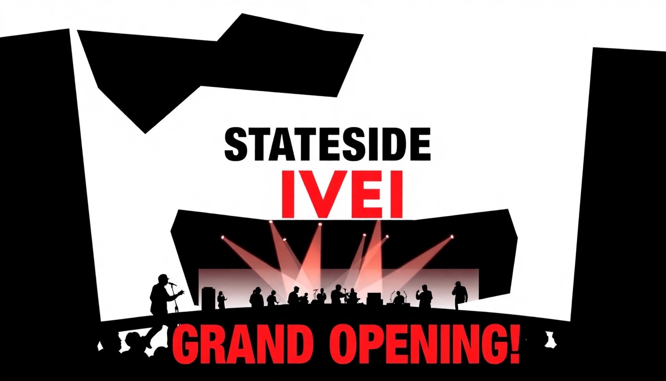 A striking abstract illustration featuring bold, jagged geometric shapes in red and black, conceptually representing the energy and excitement of the upcoming grand opening of the expanded Stateside Live! entertainment venue.