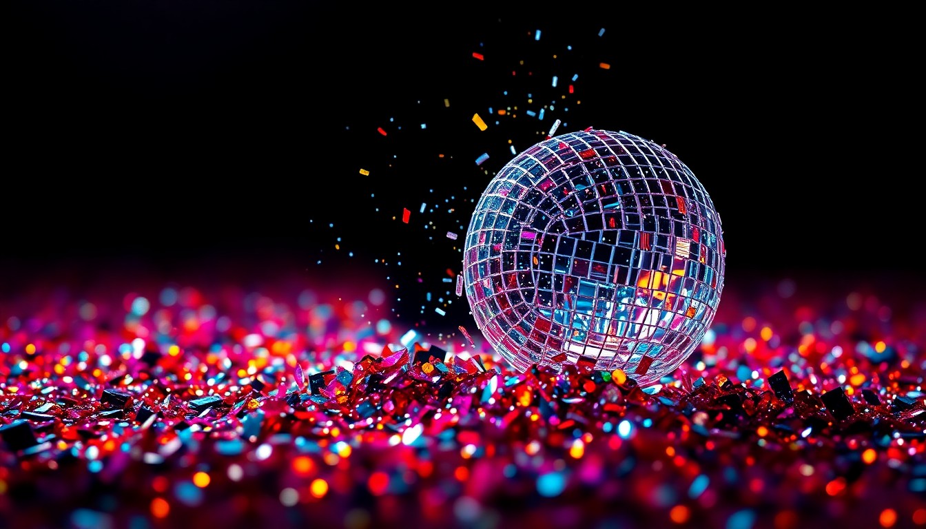 An abstract close-up photograph featuring a kaleidoscope of shimmering sequins and shattered glass, capturing the celebratory energy and creative spirit of a major music festival performance.