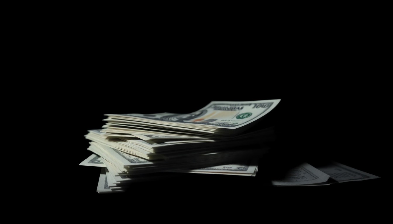 An extreme close-up of a stack of cash and financial documents, lit by a harsh, direct camera flash against a pitch-black background, conceptually illustrating the stark, gritty nature of a white-collar crime investigation.