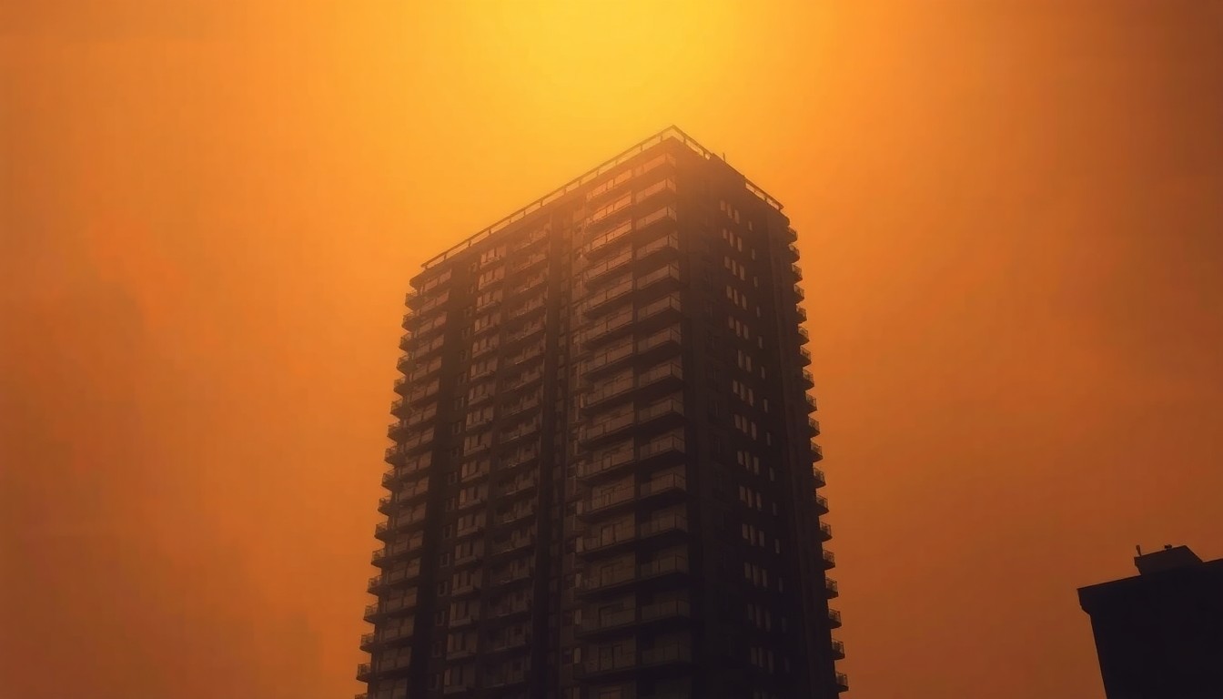 A photorealistic painting of a tall, sleek luxury apartment building in New York City, with warm sunlight streaming through the windows and deep shadows cast across the facade, conveying a sense of solitude and exclusivity.