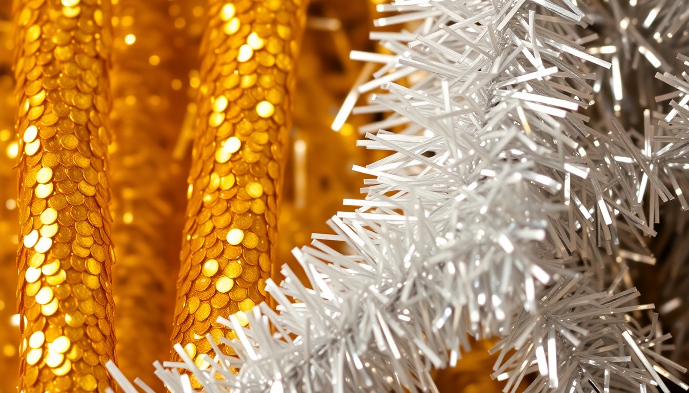 An extreme close-up photograph of shimmering gold sequins and silver tinsel, capturing the glamorous and celebratory energy of a Broadway musical production.