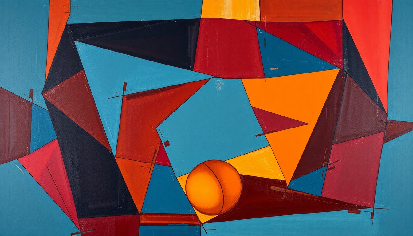 A cubist, geometric painting depicting a fragmented basketball court scene, with overlapping planes of burgundy, blue, and orange hues representing the action and intensity of the game.