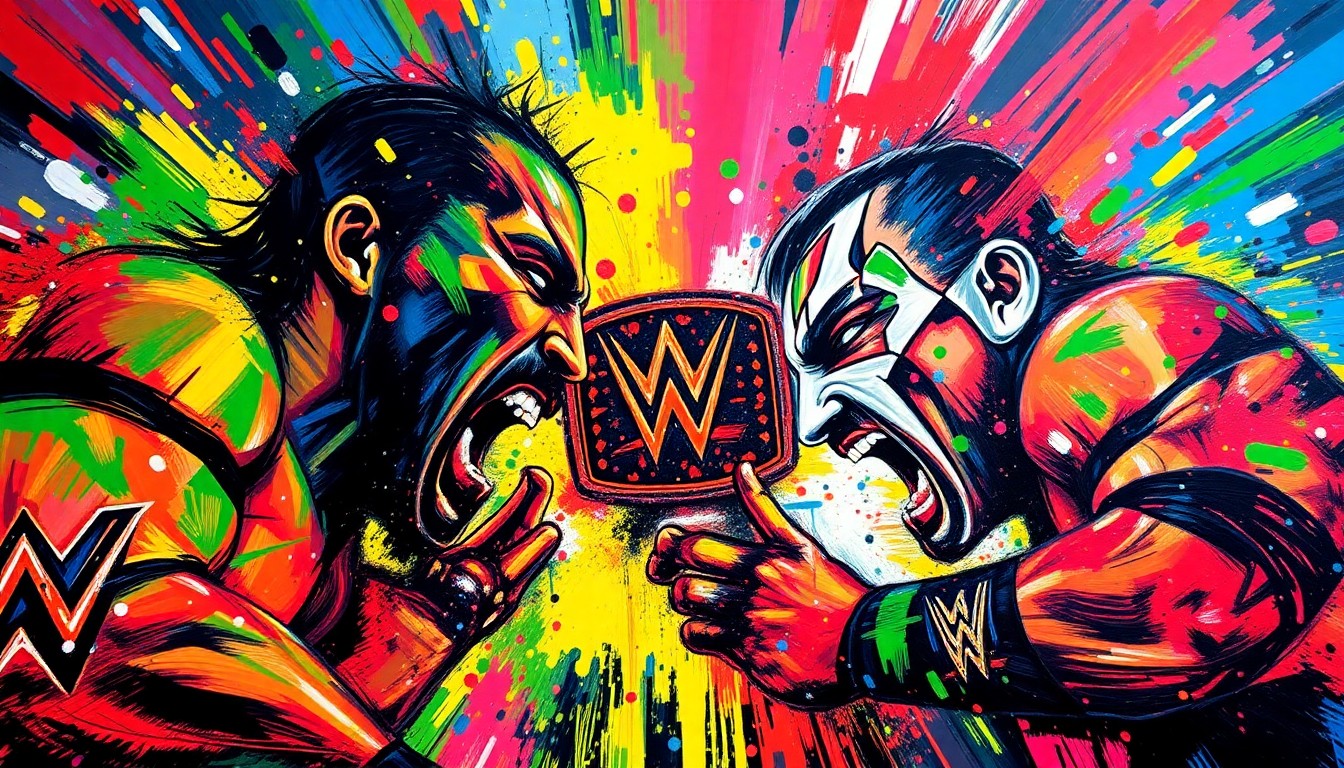 An abstract, expressionist painting in neon colors depicting the intense energy and action of a WWE championship match, with the combatants' forms blurred and dissolved into dynamic brushstrokes.