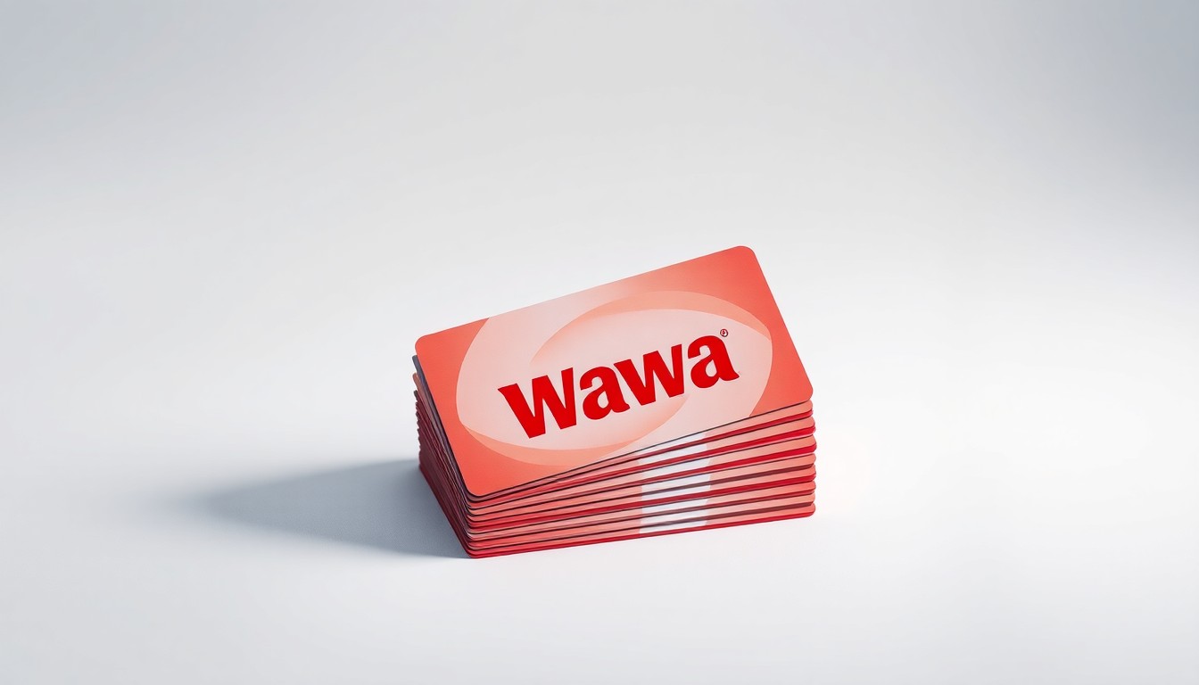 A photorealistic studio still life featuring a stack of Wawa gift cards arranged elegantly on a clean, white background, conceptually representing the company's philanthropic impact.