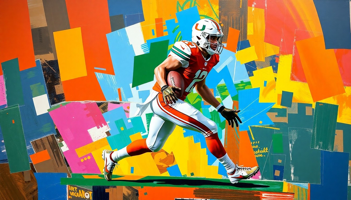 A cubist, geometric painting depicting a football player in motion, with sharp, overlapping planes of color representing the competing programs vying for the recruit's commitment.