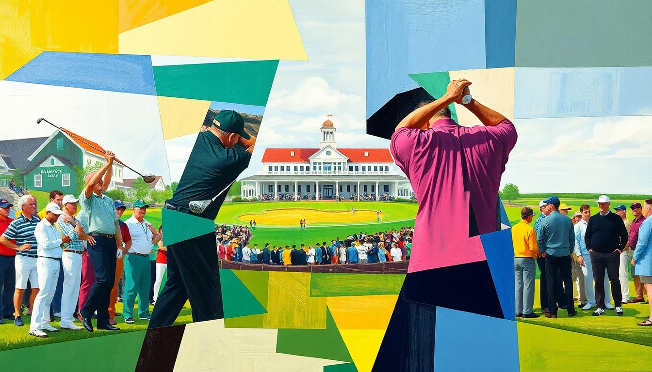 A fragmented, geometric painting depicting a golf tournament scene, with the players' forms broken down into abstract shapes and planes of color against the backdrop of the Harbour Town clubhouse and grandstands.