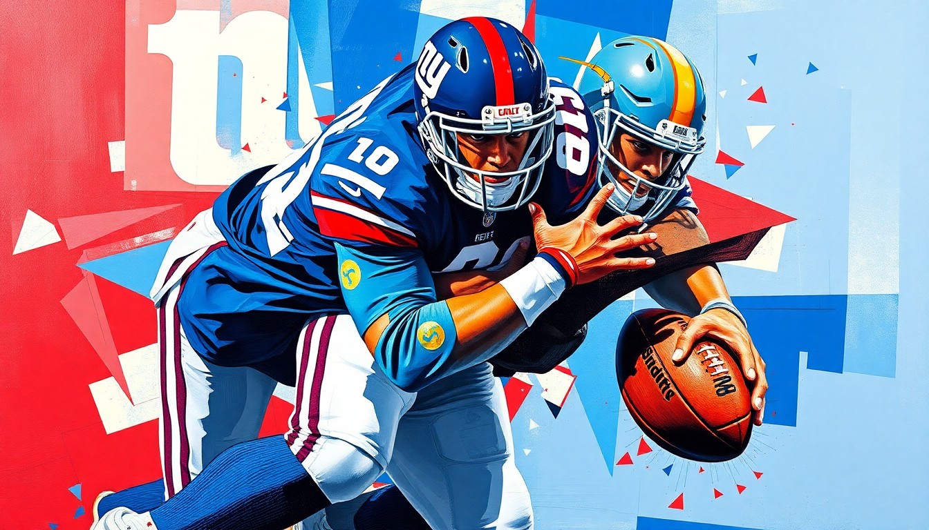 A cubist, geometric painting depicting a defensive lineman in motion, with sharp, overlapping planes of blue, red, and white representing the dynamic action of a football play.