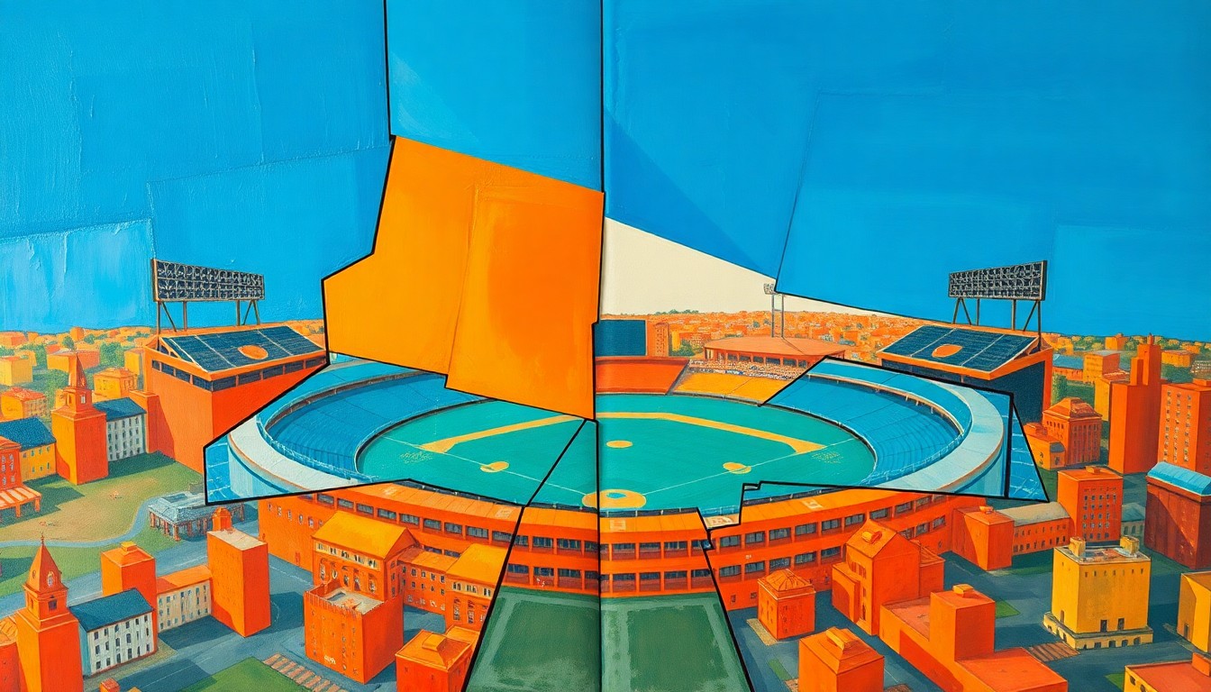 A fragmented, cubist-style painting featuring sharp, angular shapes and planes in shades of blue and orange, representing the various factors and perspectives involved in the proposed Kansas City Royals stadium project.