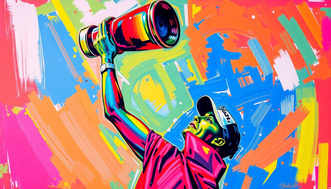 An abstract, textured painting in bright neon colors depicting the dynamic motion of a golfer raising a trophy overhead, conveying the excitement and accomplishment of a career milestone.