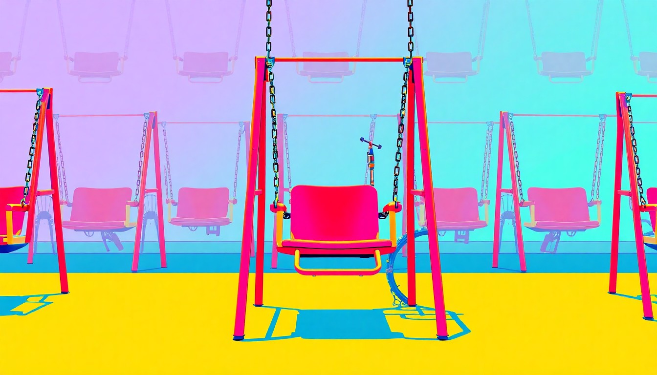 A vibrant, abstract silkscreen illustration of a wheelchair-accessible swing set repeated in a grid, capturing the inclusive and playful spirit of the new parks.