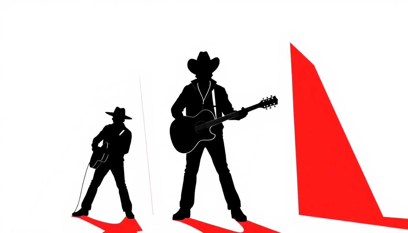 An abstract composition of stark, jagged black silhouettes and bold, high-contrast shapes in red and white, conceptually representing a country music artist staying grounded despite their growing success.