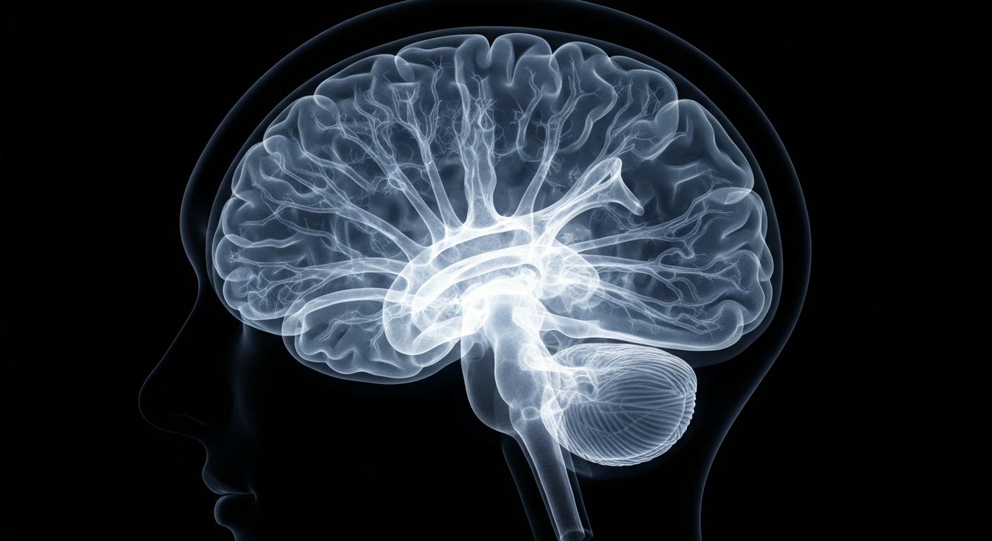 An extreme close-up X-ray image of a human brain, with the intricate neural structures visible as glowing, ghostly lines against a dark background, conceptually representing the complex neurological aspects of Prader-Willi syndrome.