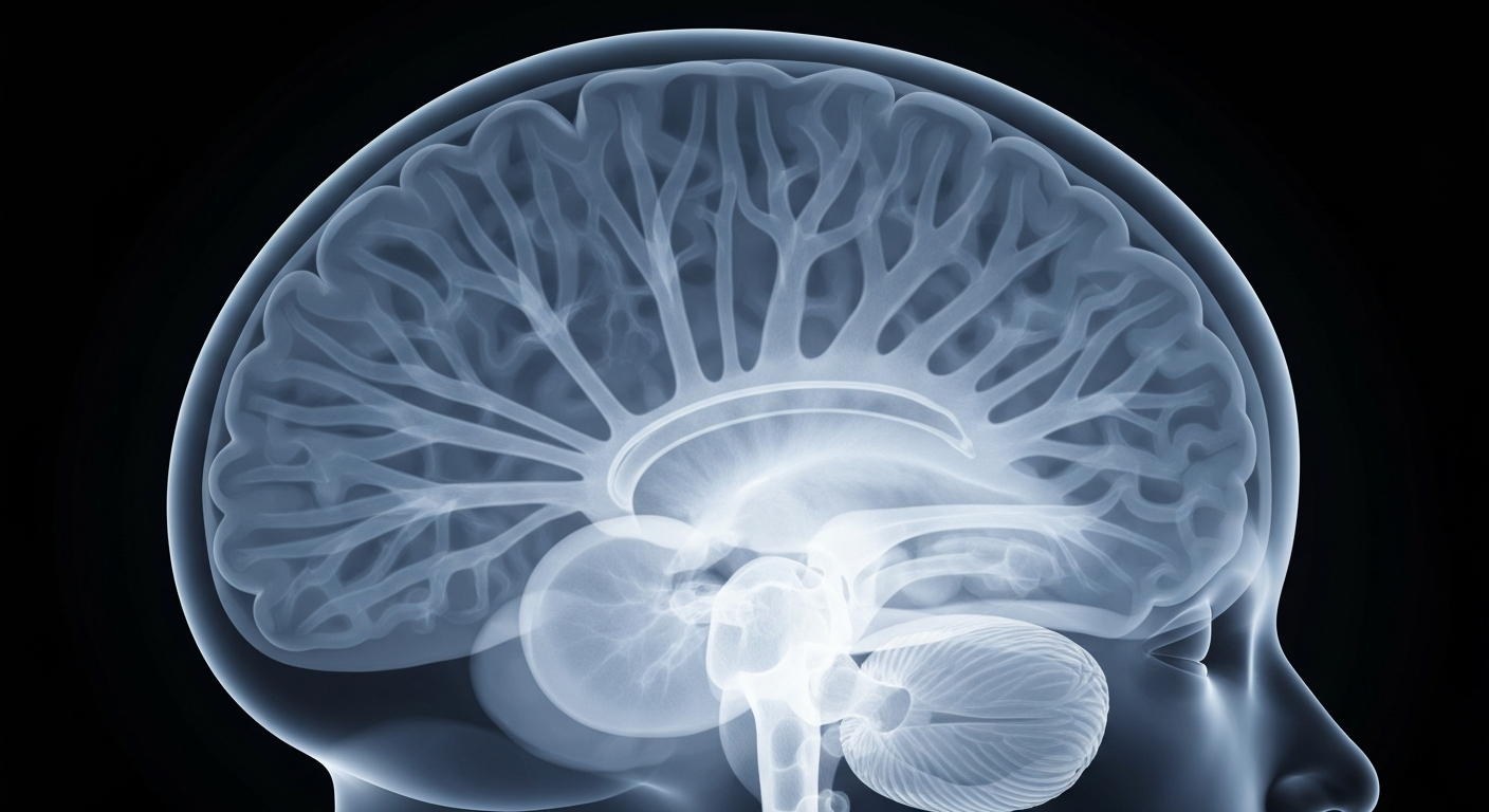 A ghostly, translucent X-ray photograph revealing the intricate internal structures of a human brain, conceptually representing the complex nature of addiction and the journey of recovery.