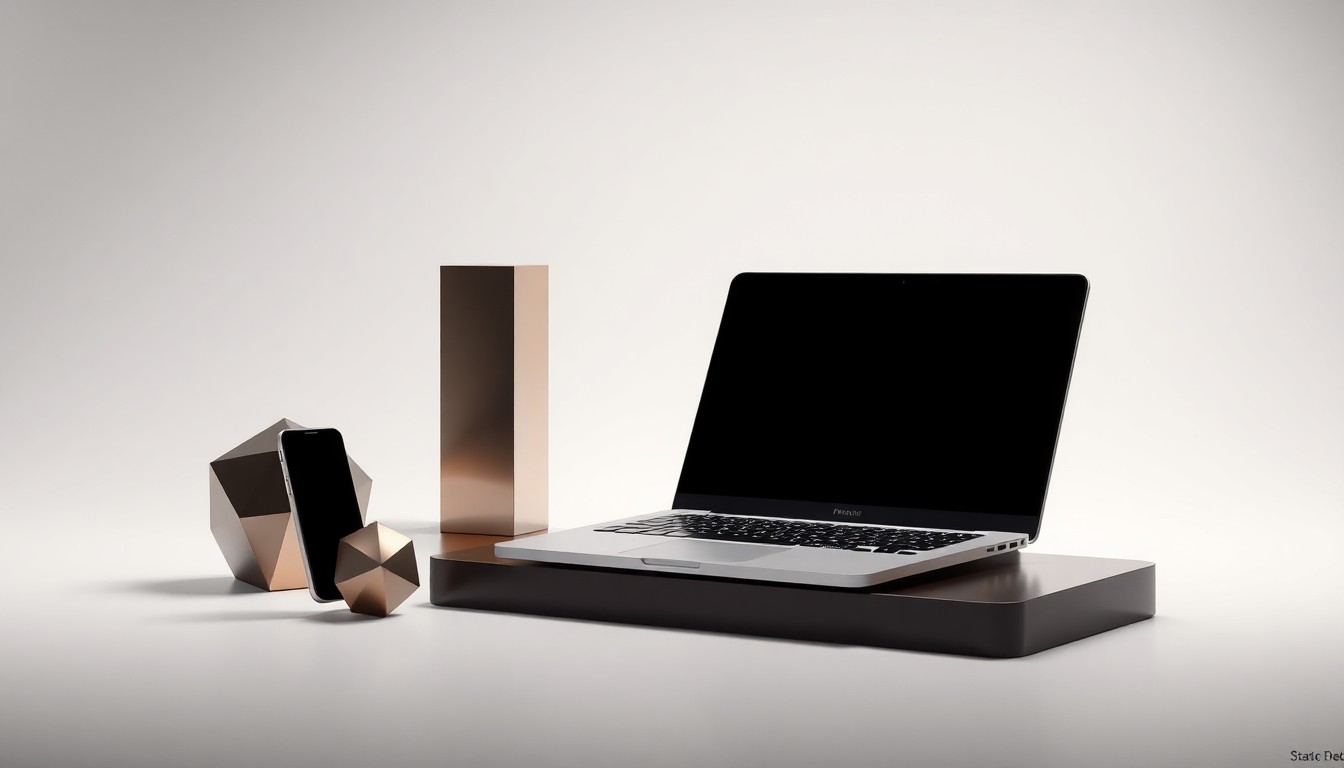 A high-end, photorealistic studio still-life photograph featuring a sleek, modern laptop computer, a stylized smartphone, and a few geometric shapes made of polished metal and glass, all arranged elegantly on a clean, monochromatic seamless background, conceptually representing the technology and innovation driving First Commonwealth's strategic priorities.