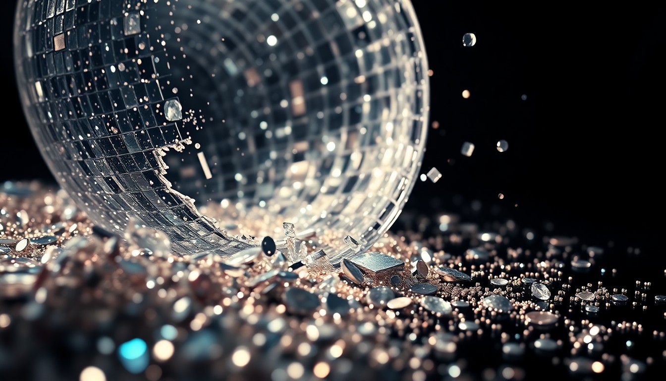 An extreme close-up photograph of shimmering sequins and shattered glass reflecting dramatic studio lighting, capturing the glamour and energy of the Billboard Women in Music cover shoot.