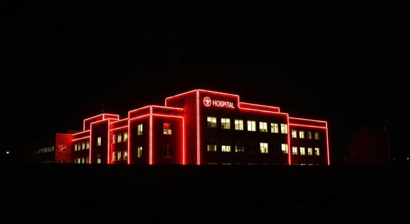 A minimalist neon outline of a hospital building, its shape and structure defined by glowing electric lines against a dark background, conceptually representing the ongoing debate over the closure of the former Christ Hospital in Jersey City.