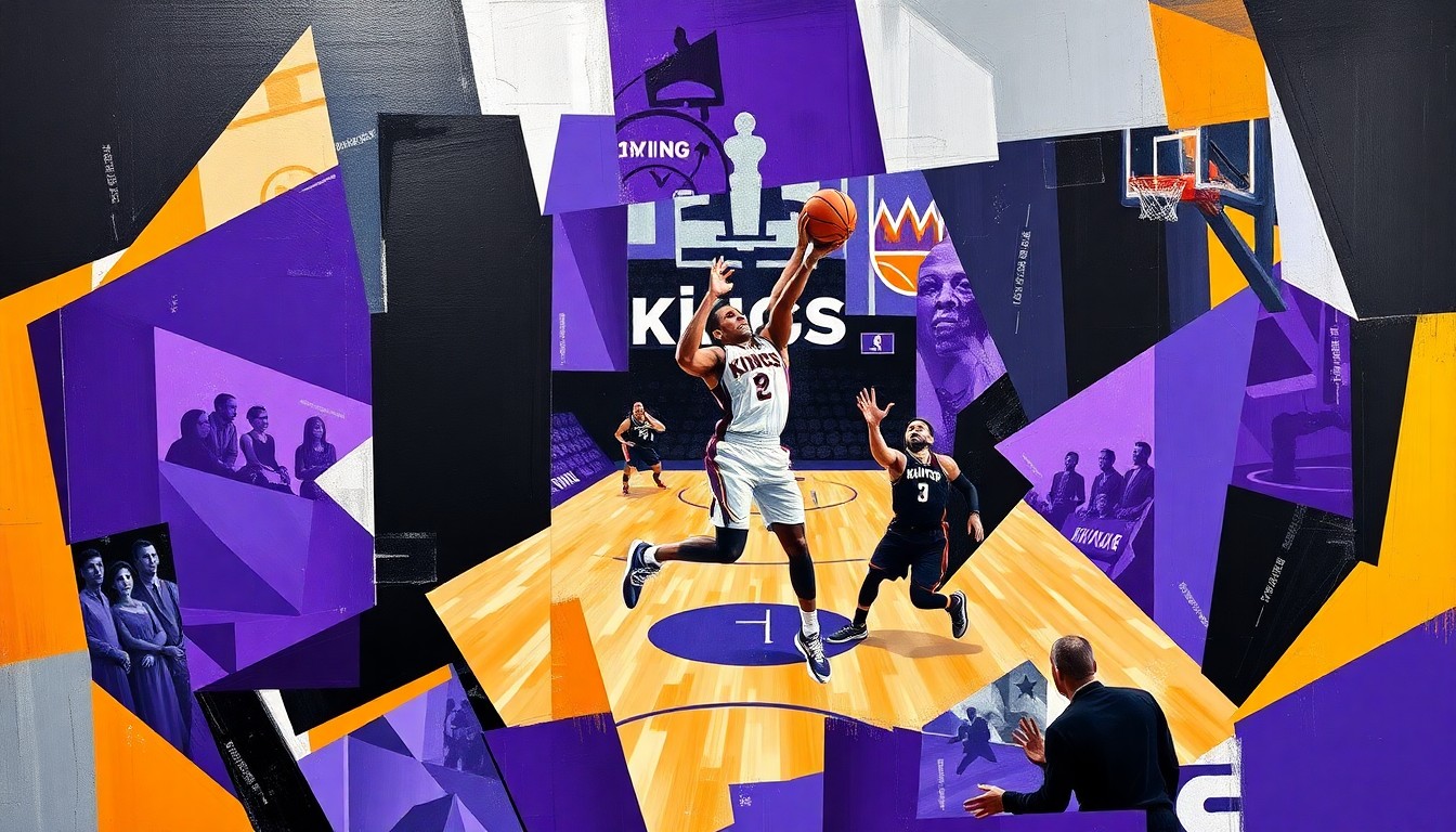 A fragmented, cubist-style painting depicting a Sacramento Kings basketball player or game scene, broken down into sharp, overlapping geometric shapes and planes in the team's official colors of royal purple, black, and silver.
