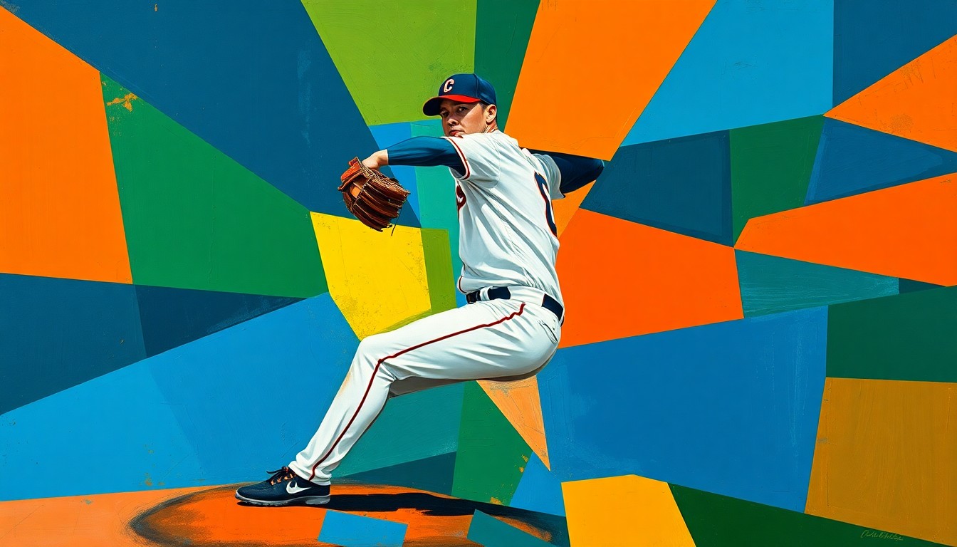 A fragmented, geometric painting depicting a baseball pitcher's motion broken down into sharp, overlapping planes of navy, green, and orange, conceptually representing the challenges of cultural adjustment for an international player.