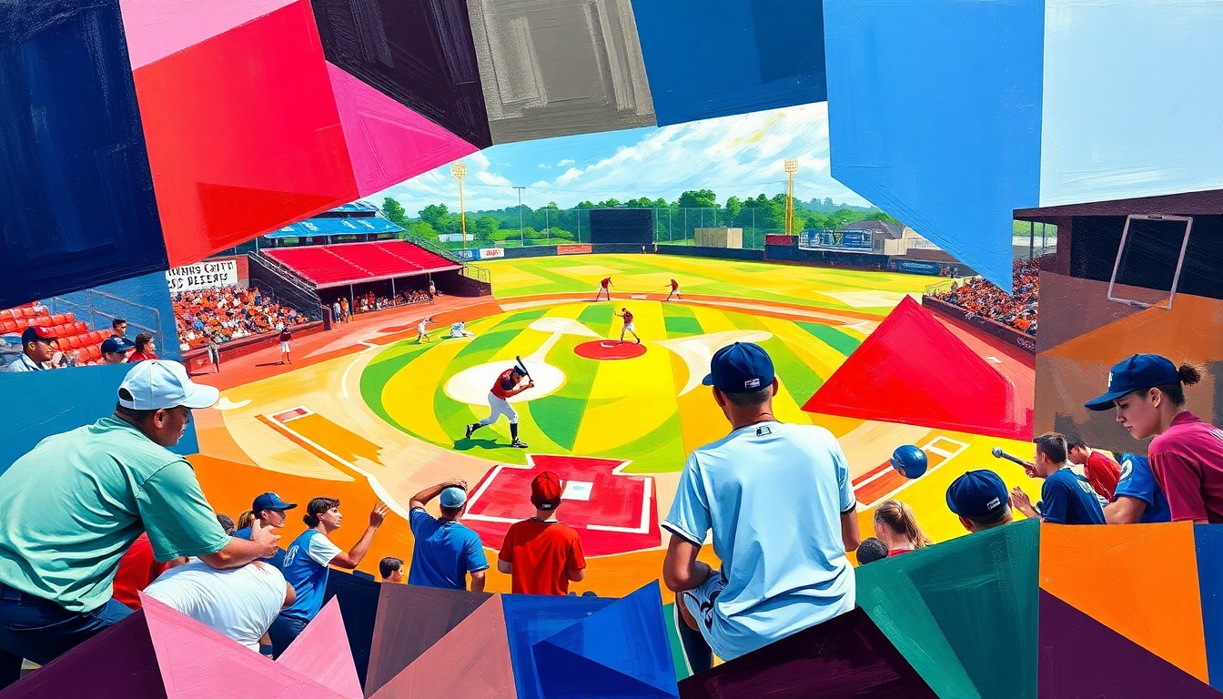 A cubist, geometric painting depicting a high school softball game, with overlapping planes of bright team colors representing the competitive nature of the Morris/Sussex softball rankings.