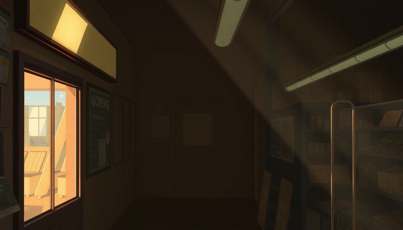 A dimly lit interior of a small neighborhood grocery store, with sunlight streaming in through the windows and casting long shadows across the shelves and countertops, creating a nostalgic, cinematic atmosphere that evokes the changing urban landscape.