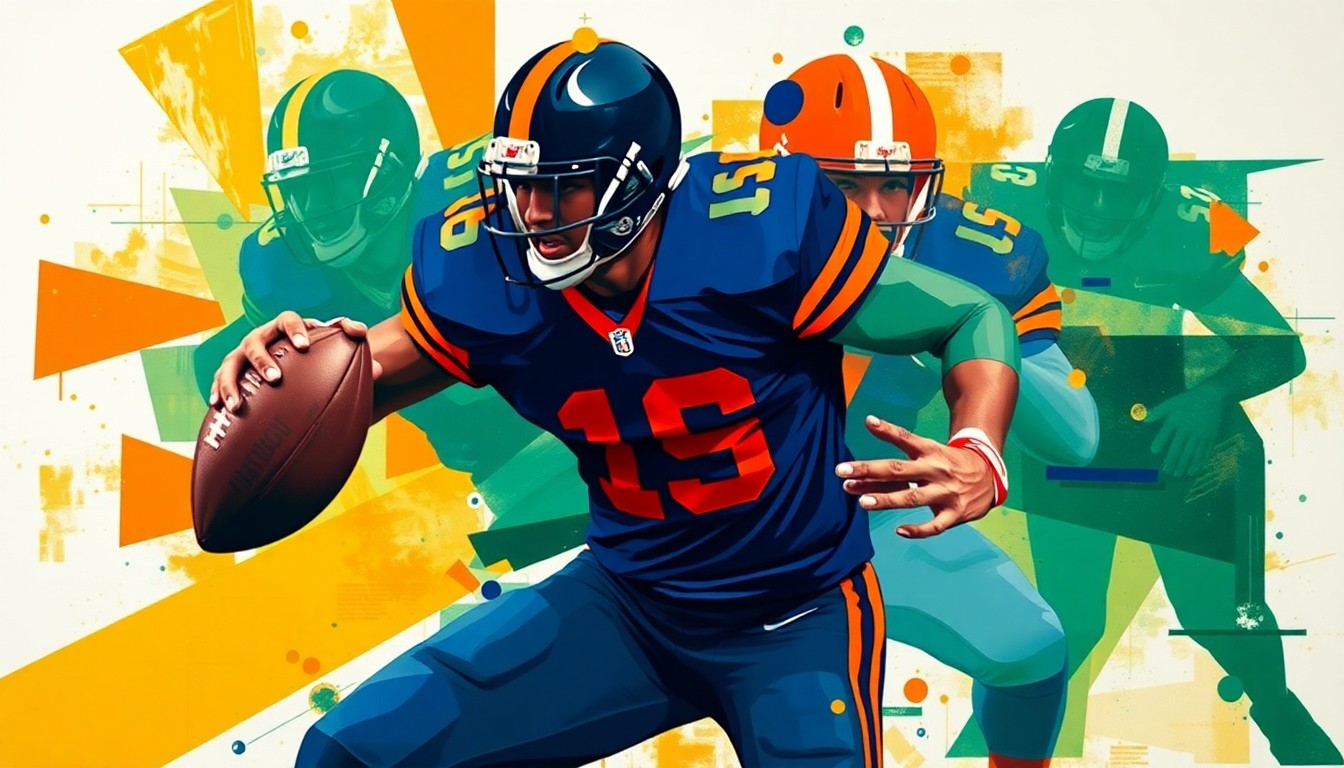 A cubist, geometric painting depicting a football player in the midst of a pass rush, with sharp, overlapping planes of navy blue, burnt orange, and forest green conveying the raw power and disruption of an elite edge defender.