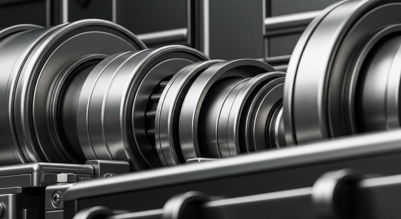 A highly detailed, textured close-up image of heavy, industrial banking equipment and machinery, conveying a sense of financial security and institutional power without using any text or symbols.