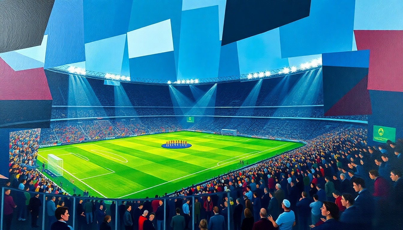 A cubist, geometric painting depicting a fragmented, multi-perspective view of a crowded soccer stadium, with sharp, overlapping planes of deep blues, greens, and reds, conceptually representing the financial barriers facing fans trying to access the 2026 World Cup in Boston.
