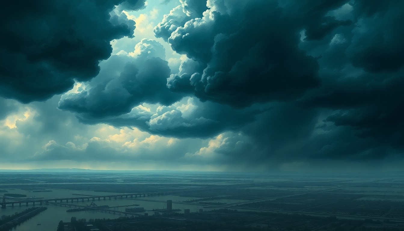 A dramatic, atmospheric landscape painting in muted tones of gray, blue, and green, depicting a flooded cityscape with buildings and roads partially submerged, under a sky filled with dark, ominous clouds. The scene conveys a sense of the overwhelming, sublime power of nature.