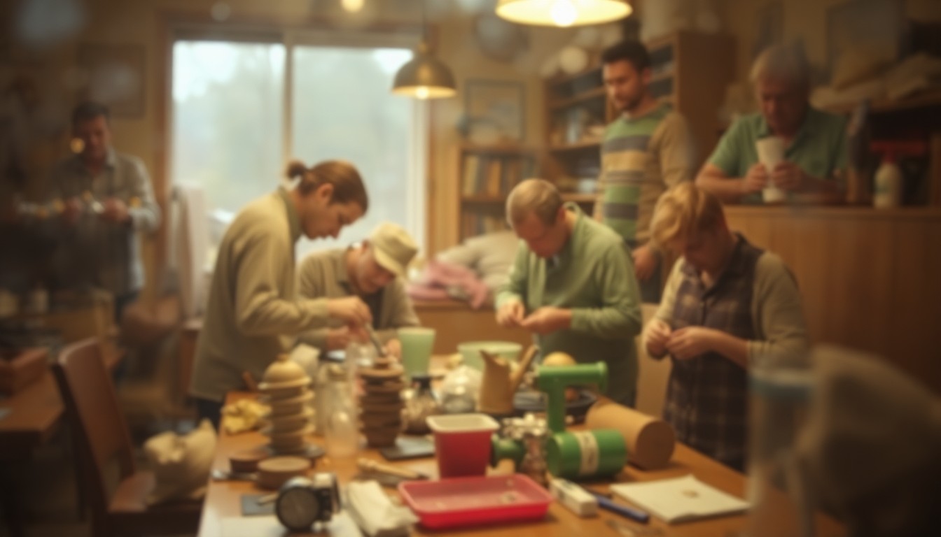 An abstract, impressionistic scene of blurred figures gathered around a table, working on repairing various household items, conveying the warm, communal atmosphere of the Helping Hands Repair Cafe event.