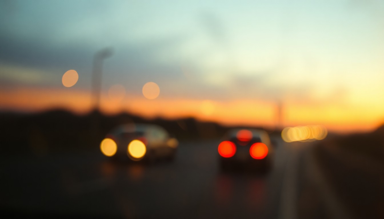 An impressionistic, out-of-focus image of a car on a highway at dusk, with the scene rendered in soft, warm tones and blurred shapes, conveying a sense of melancholy and the fleeting nature of life.