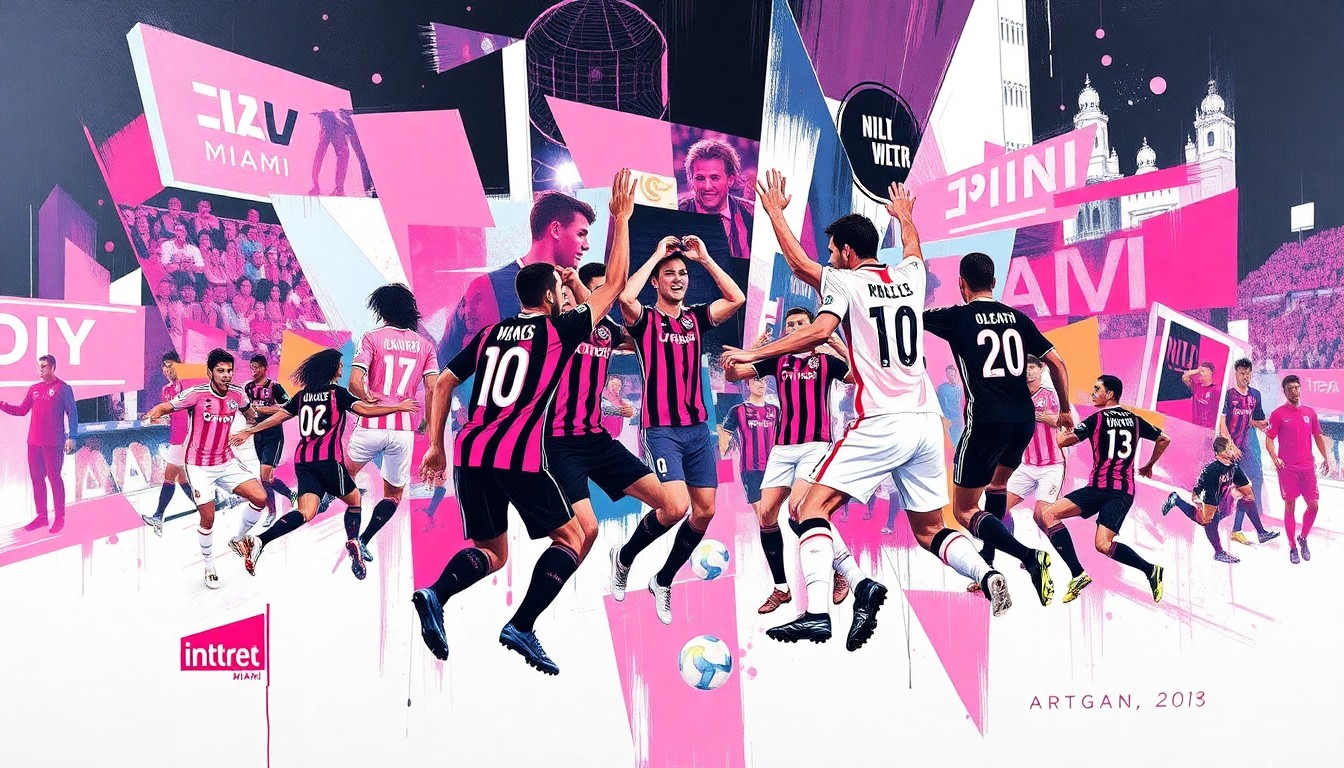 A fragmented, cubist-style painting depicting a soccer match or celebration, with sharp geometric shapes and planes in Inter Miami's team colors of pink, black, and white, conveying a sense of disruption and transition.