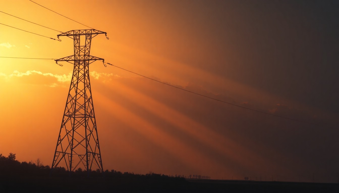 A serene, painterly image of a lone power line tower standing tall against a backdrop of warm, golden sunlight and deep, dramatic shadows, conveying the complex balance between environmental policies and economic realities.