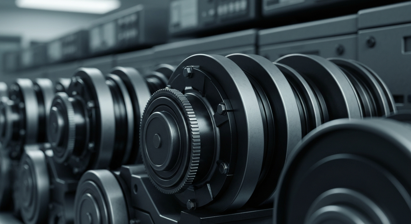 A highly detailed, black-and-white close-up image of heavy, industrial banking machinery and equipment, conveying a sense of the institutional power and security that supports the energy sector.