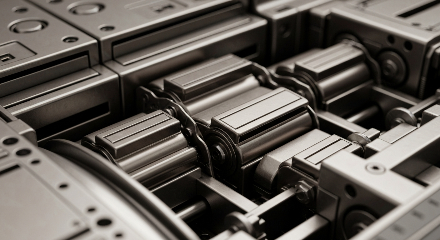 A close-up, cinematic view of heavy, industrial banking machinery and equipment in shades of steel grey, bronze, and chrome, representing the complex financial infrastructure underlying the residential real estate market.