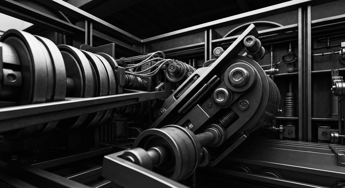 A high-contrast, cinematic close-up of heavy, industrial banking machinery and financial infrastructure, conveying the tangible, physical nature of the financial systems impacting Humana's performance.