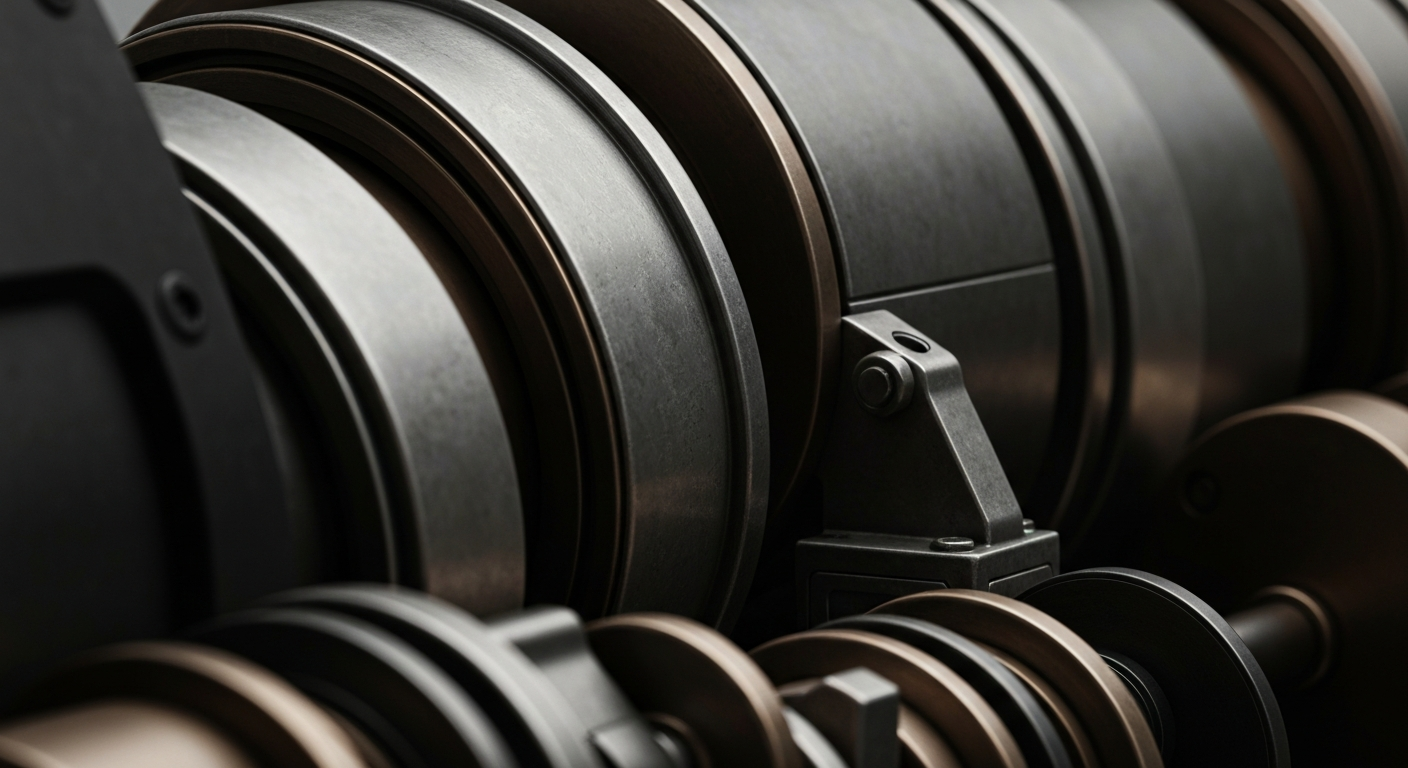 An extreme close-up of heavy, industrial banking machinery and equipment in shades of steel grey, bronze, and black, conveying a sense of institutional financial power and security without using literal currency or charts.
