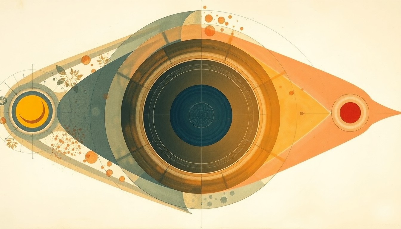 A bold, abstract painting in soft blues, greens, and oranges, featuring sweeping geometric arcs, concentric circles, and intersecting waveforms, conveying a sense of the structural order and mysteries of the cosmos.