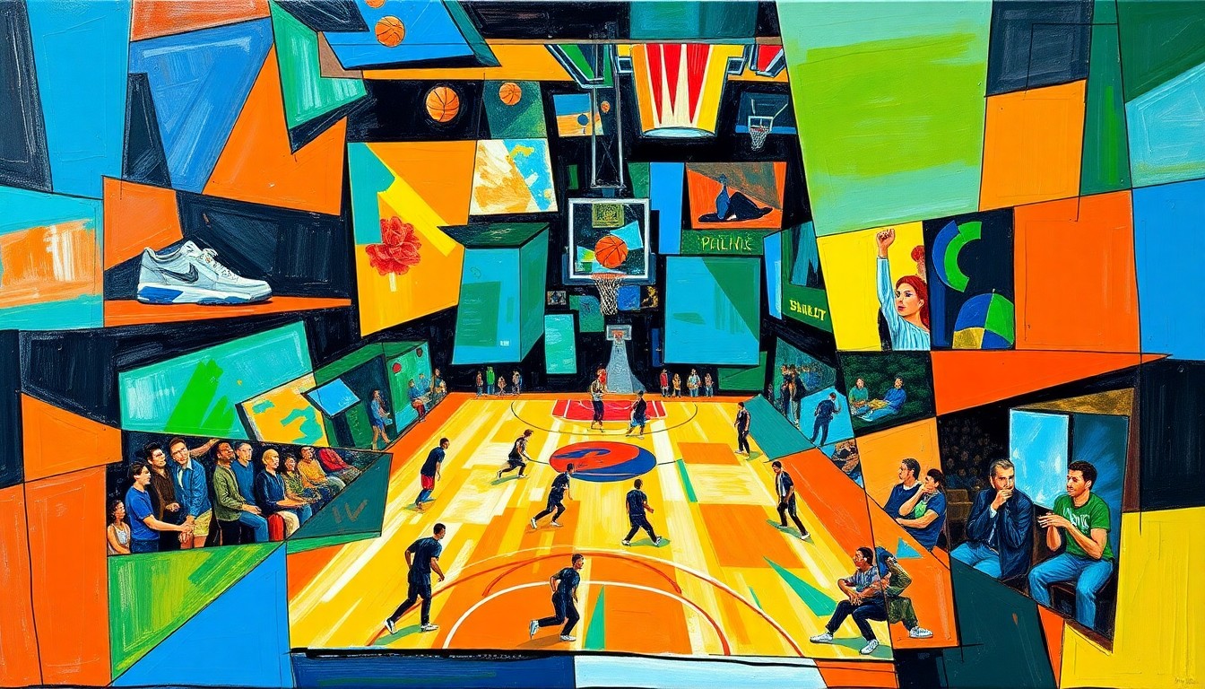 A fractured, geometric painting depicting a basketball game broken down into sharp, overlapping planes of color, representing the disruption and fragmentation of the live broadcast.