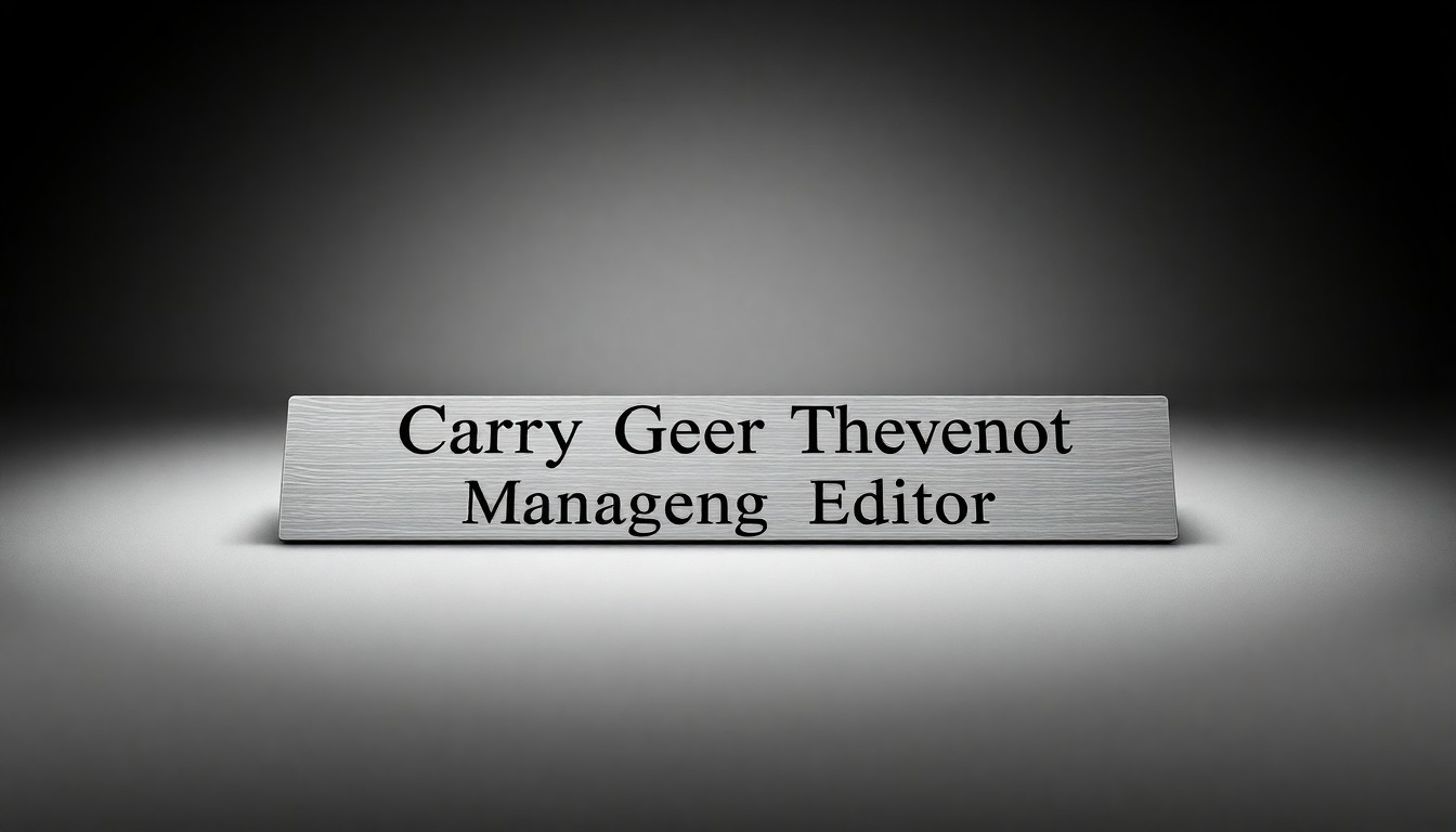 A close-up photograph of a polished metal nameplate with the words 'Carri Geer Thevenot, Managing Editor' engraved, conveying a sense of professionalism and leadership in the editorial world.