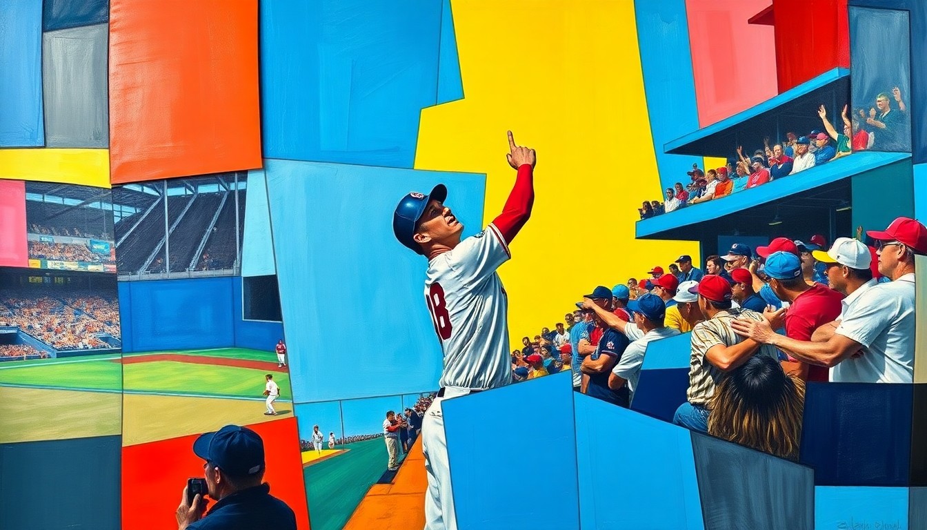 A fragmented, geometric painting showing a baseball player making an obscene gesture towards a fan in the stands, the figures broken down into sharp, overlapping planes of vibrant color.