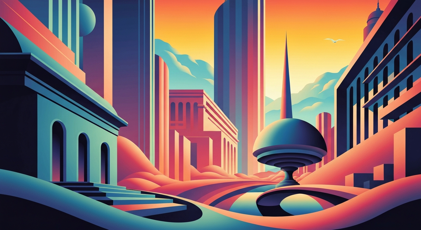 A highly stylized, geometric illustration depicting the sweeping, monumental architecture of a towering observation deck, with smooth gradients of blues and grays evoking the grandeur of the city below.
