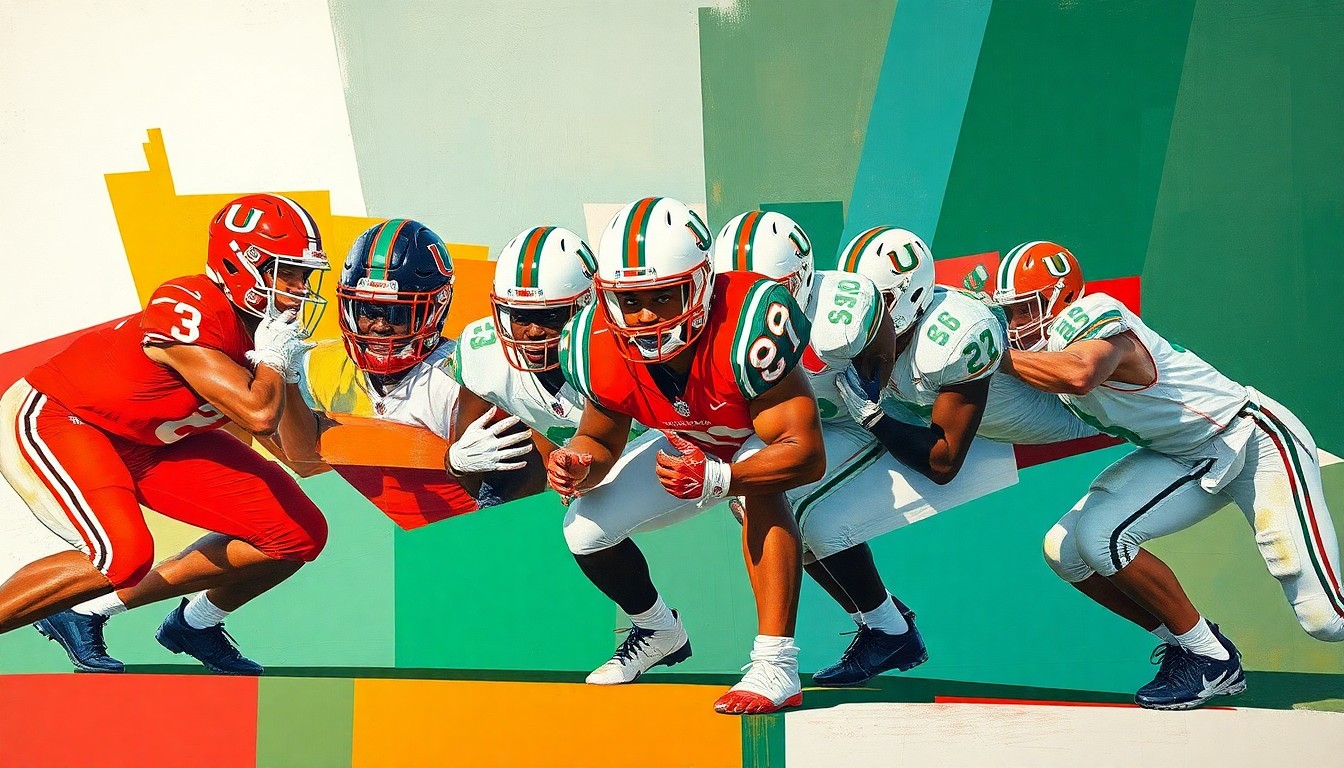 A cubist, geometric painting depicting the fragmented forms of football players in an offensive line, with the colors of the Miami Hurricanes and the recruit's former high school team blending together in an abstract composition.