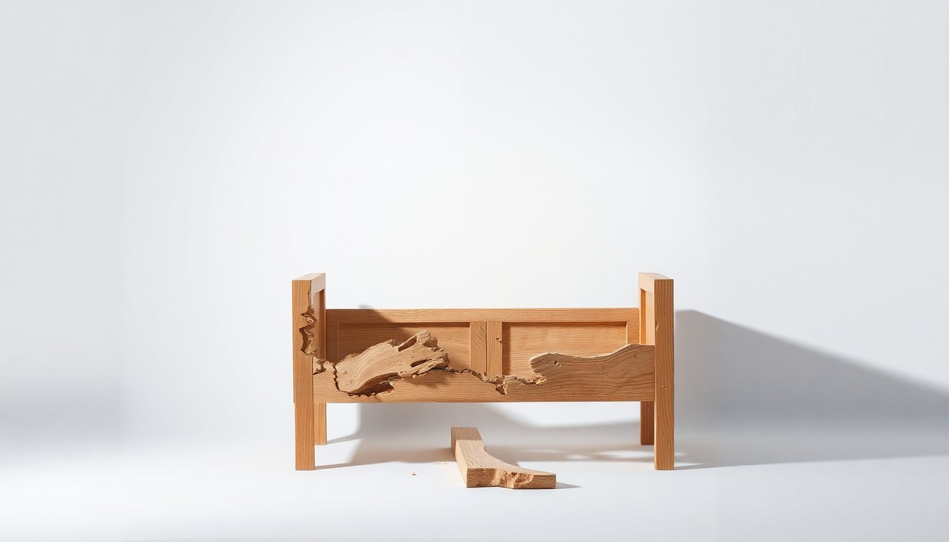 A photorealistic studio still life depicting a partially assembled wooden furniture piece with visible damage, set against a clean, monochromatic background with dramatic lighting and shadows to conceptually represent consumer protection issues in the online retail industry.